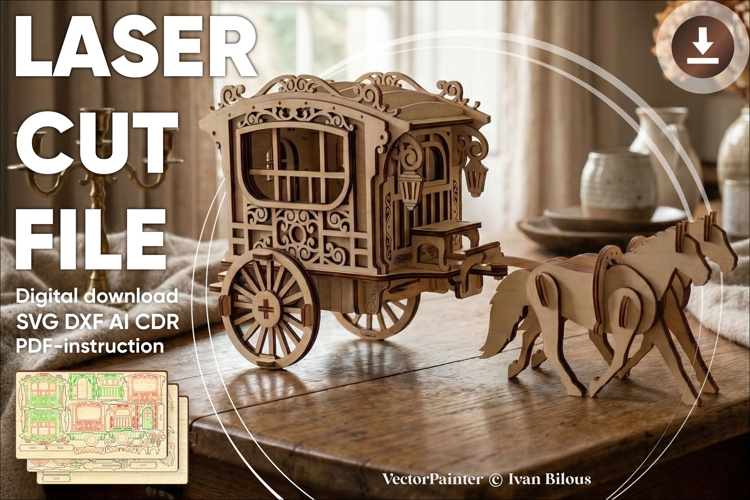Carriage with horses - laser cut file, Nomad caravan wagon