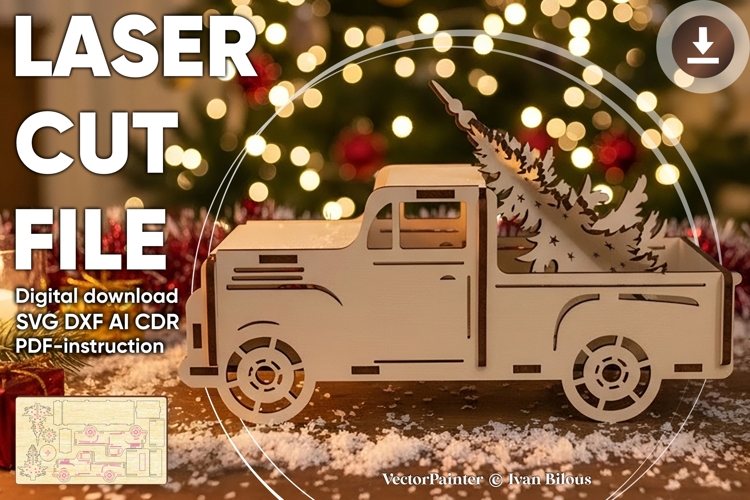 Truck with Christmas tree - laser cut file, SVG DXF files example image 1
