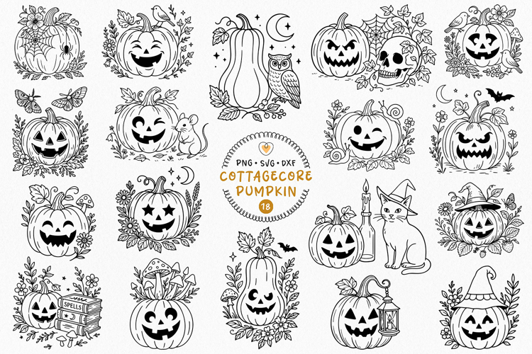 Cottagecore Halloween Pumpkin SVG Bundle, Jack O Lantern