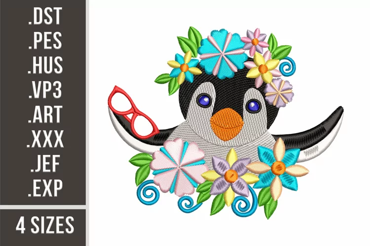 Silly Floral Penguin | Embroidery Design