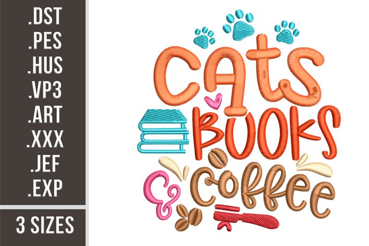 Cats, Books & Coffee | Embroidery Design example image 1