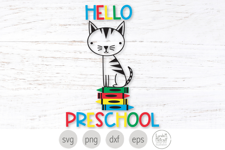 Hello Pre-School Svg. Cat with Crayons Png Clip Art
