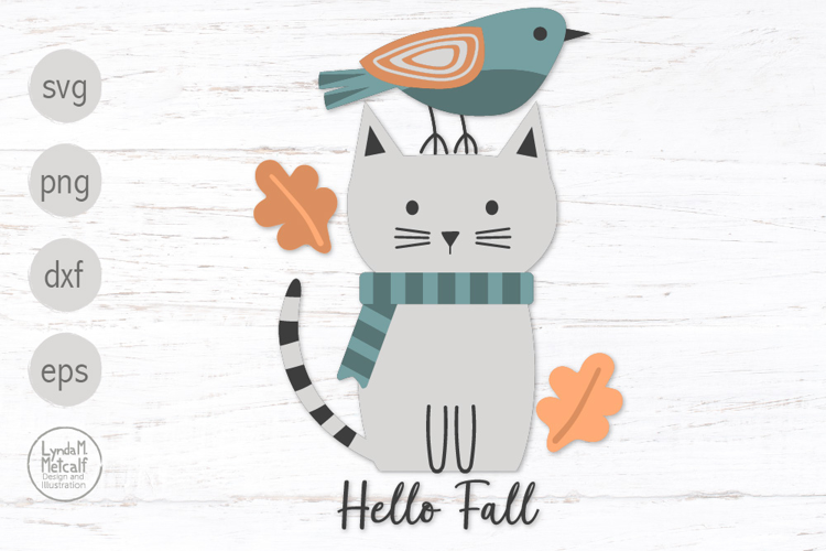 Hello Fall Cat and Bird Svg and Png Clipart