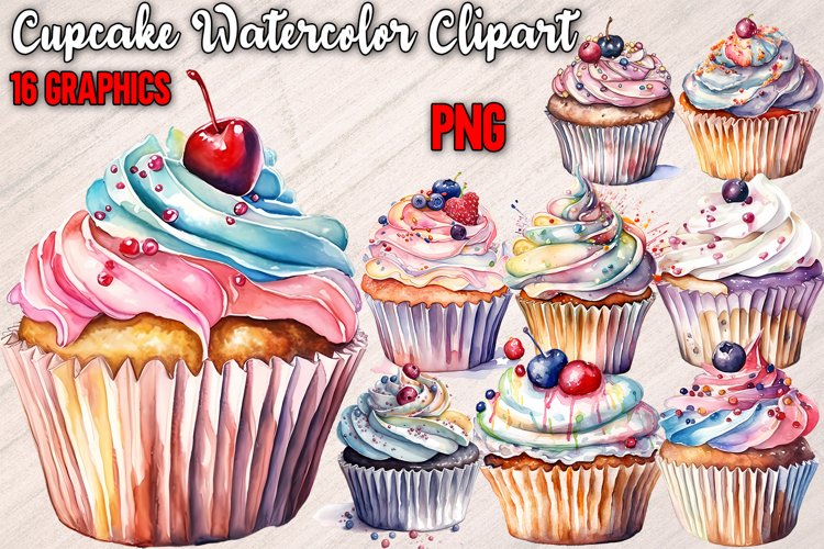 Cupcake Watercolor Clipart - 16 Graphics example image 1