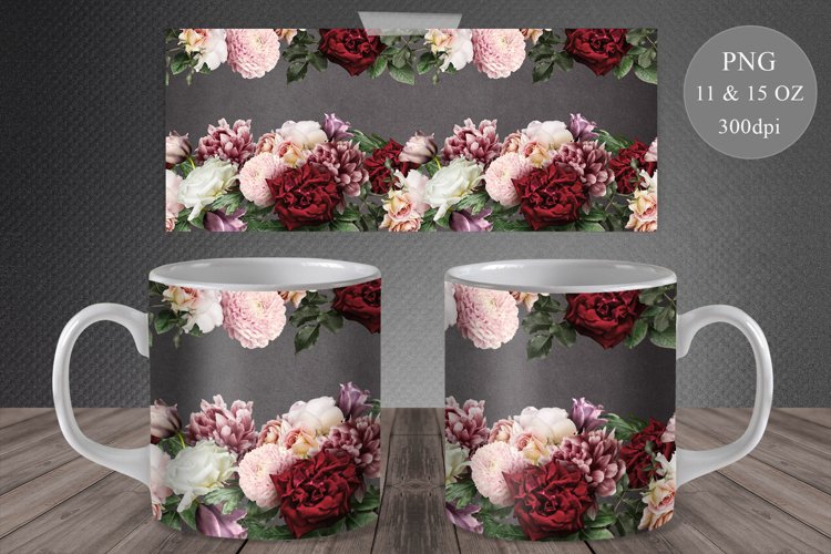 Floral Mug Sublimation. Roses and Peony Mug Wrap