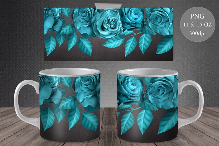 Teal Roses Mug Sublimation. Teal Flowers Mug Wrap. 11 & 15 example image 1
