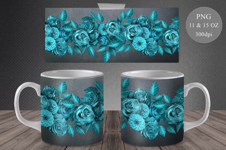 Teal Roses Mug Sublimation. Teal Flowers Mug Wrap 11 & 15 OZ example image 1