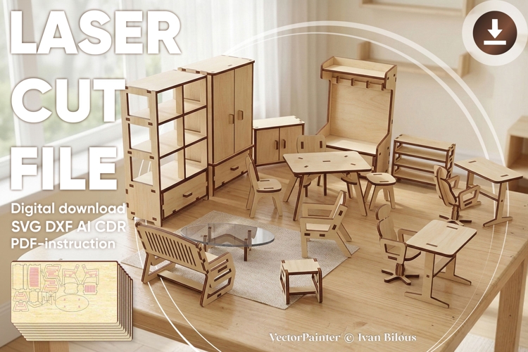Doll Furniture Set - laser cut file, SVG DXF pattern