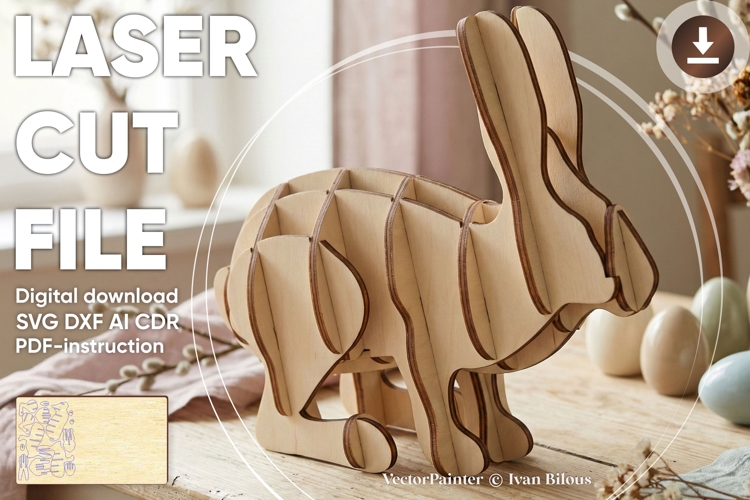 Bunny - 3d laser cut file, Rabbit 3d puzzle plan