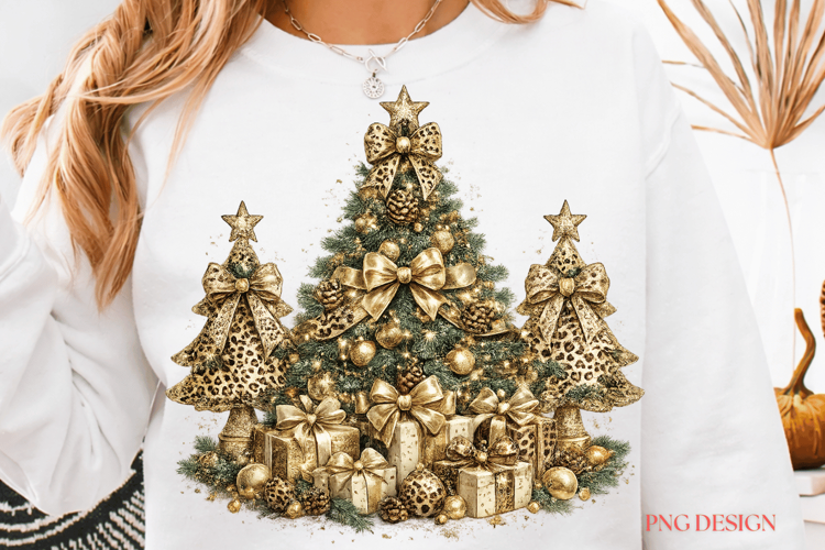 Leopard Christmas Tree PNG, Gold Christmas Sublimation