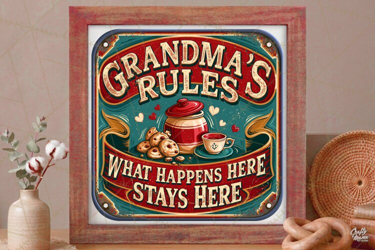 Grandmas Rules | Grandparent Vintage Sign PNG Design example image 1