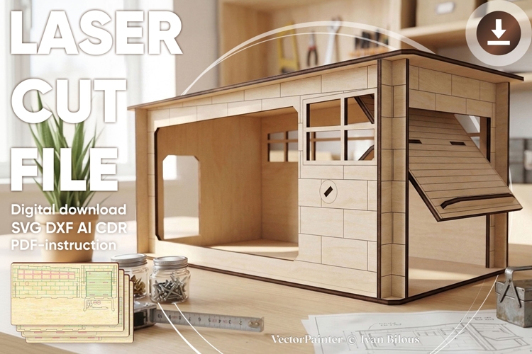 Garage with opened door - laser cut file, SVG DXF AI CDR example image 1