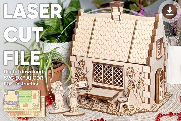 Garden Cottage with Greenhouse Laser Cut File, SVG Miniature