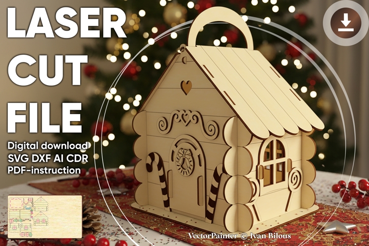 Gingerbread house - laser cut file, Glowforge pattern, example image 1