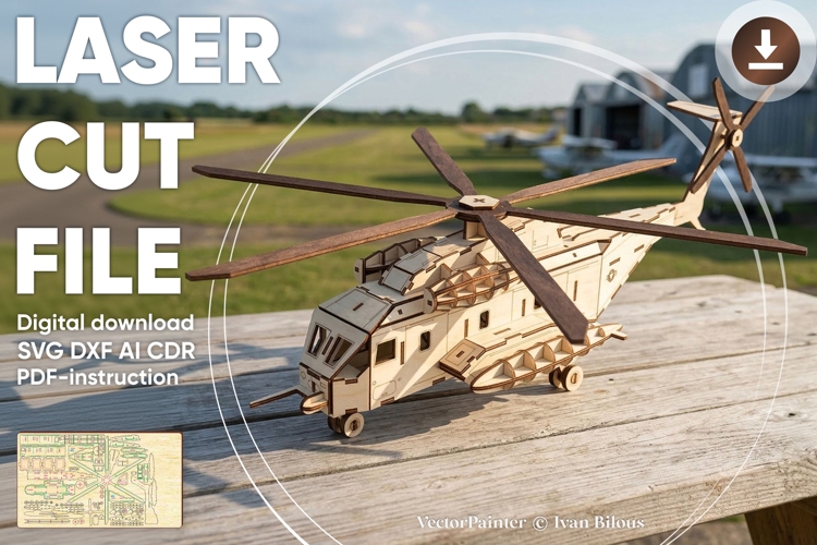 Helicopter - laser cut file, Vector pattern, CNC plan