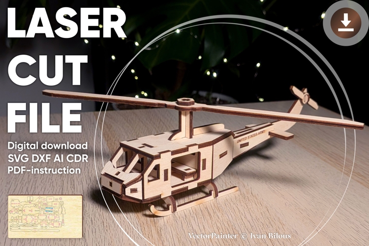 Helicopter - laser cut file, Glowforge pattern, CNC plan