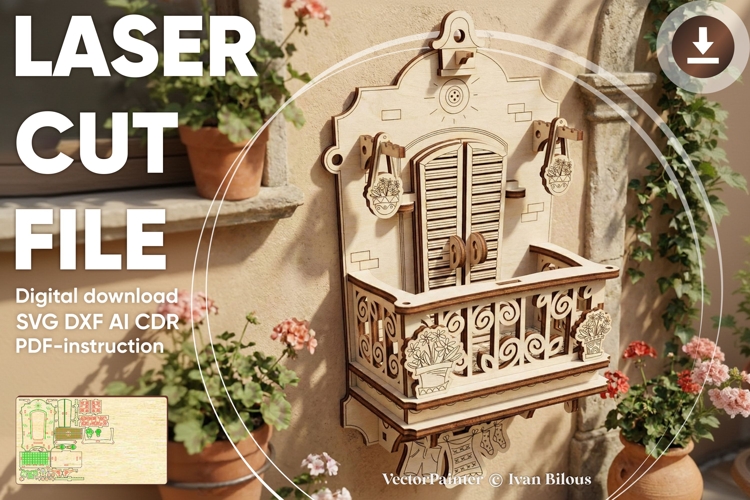 Balcony with opening door - laser cut file, Photo frame SVG