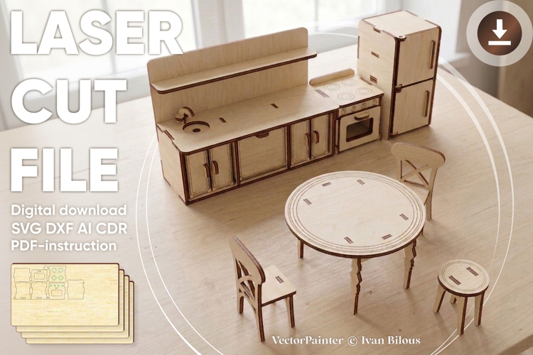 Kitchen dollhouse furniture - laser cut file example image 1