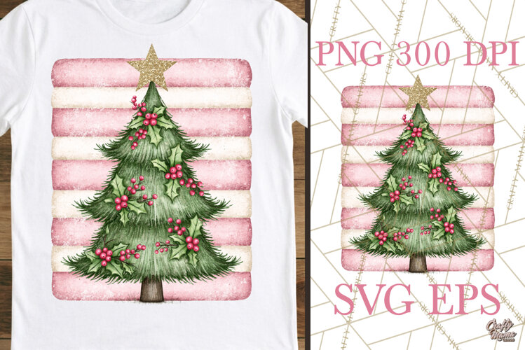 Retro Pink Christmas Tree Sublimation PNG Holly Berry example image 1
