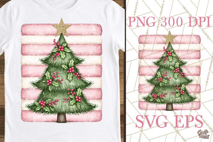 Retro Pink Christmas Tree Sublimation PNG Holly Berry