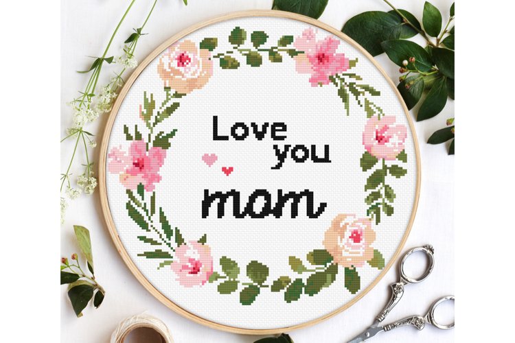 Mom Cross stitch pattern Digital download Floral wreath example image 1