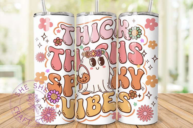 Thick Thighs Spooky Vibes Retro Halloween Seemless 20oz Wrap example image 1