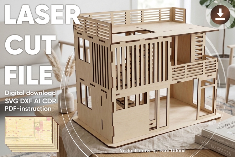 Modern HiTech dollhouse - laser cut file, Glowforge pattern