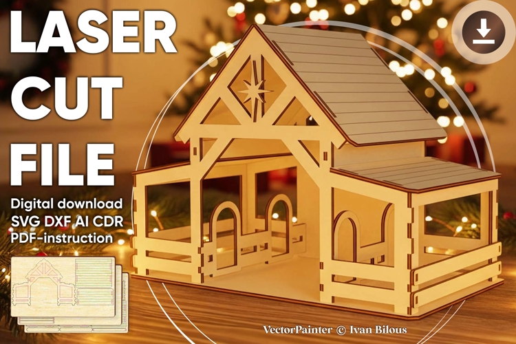 Nativity barn #5 - laser cutting file, Glowforge pattern example image 1