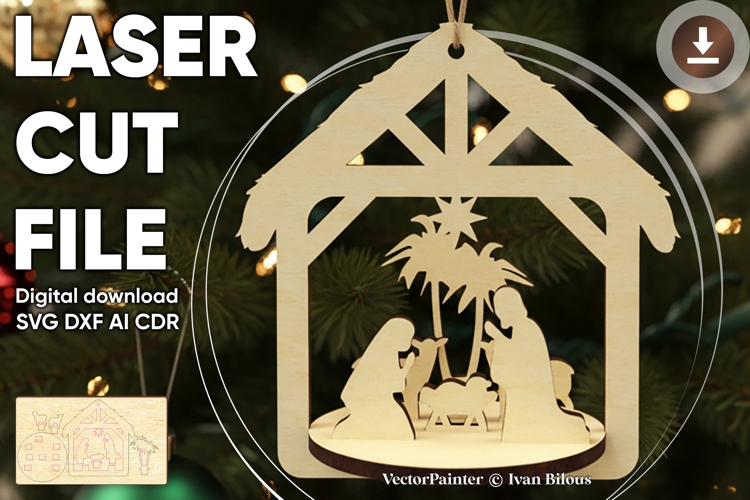 Nativity Scene 3d Ornament - laser cut file, SVG DXF pattern example image 1