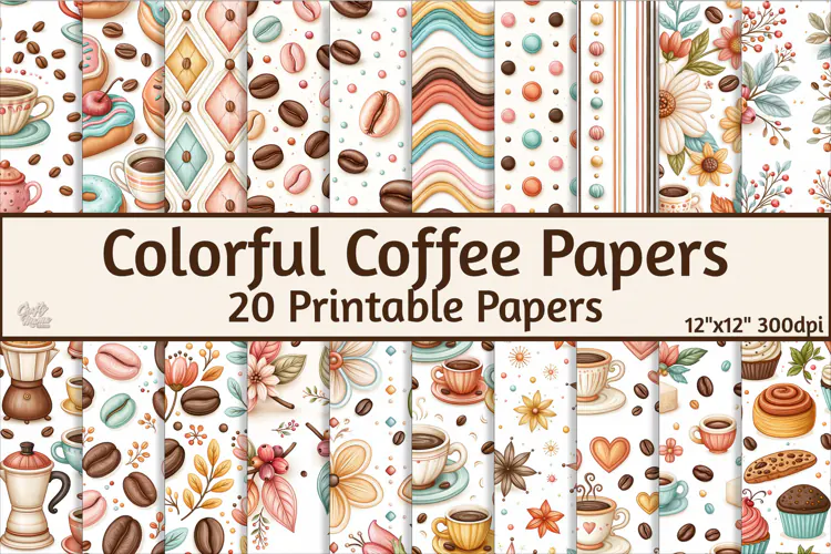 VIntage Coloful Coffee Digital Paper, Patterned Paper