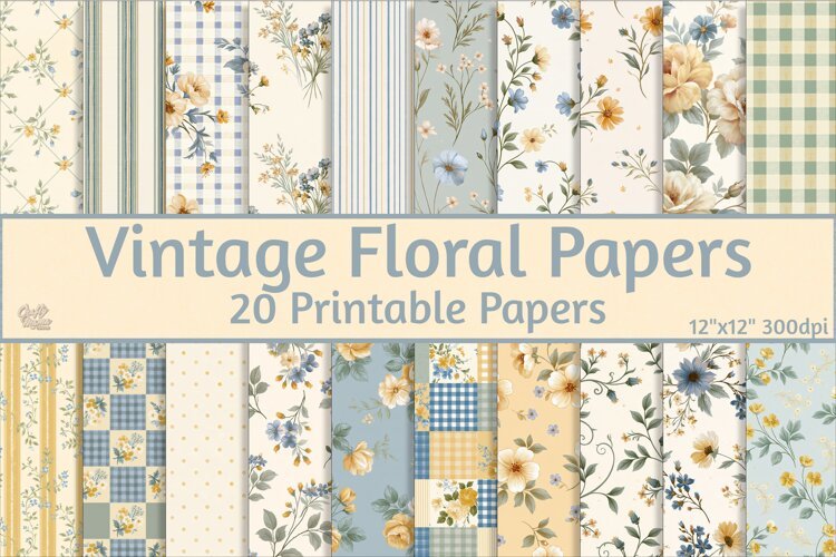 Vintage Floral Digital Paper, Gingham Scrapbook Pages example image 1