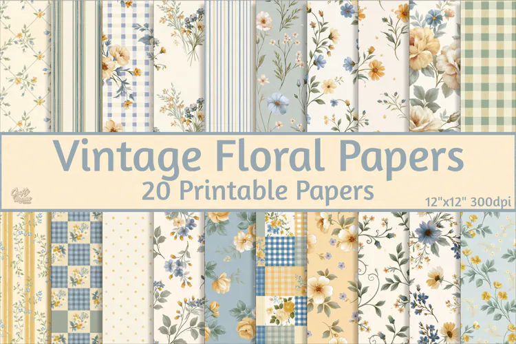 Vintage Floral Digital Paper, Gingham Scrapbook Pages