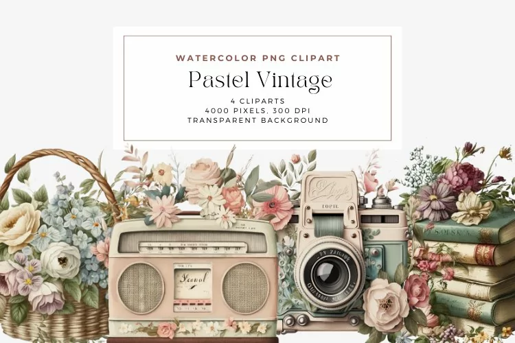 4 Watercolor Pastel Vintage Clipart