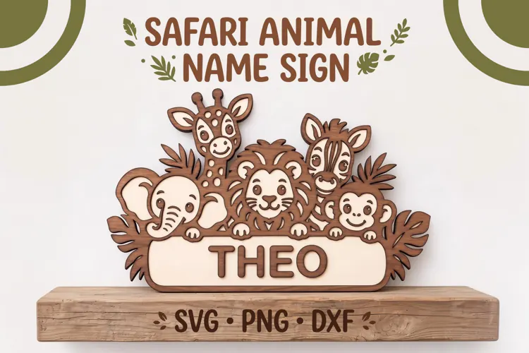 Safari Animal Name Sign SVG, Laser Cut Nursery Door Hanger