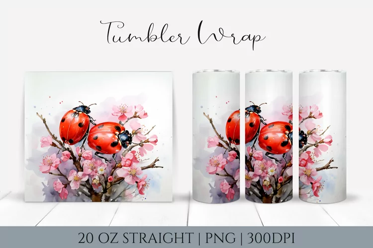 Watercolor ladybug floral tumbler wrap - 20oz Straight