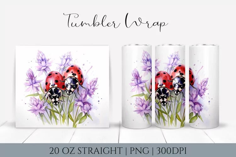 Watercolor ladybug floral tumbler wrap - 20oz Straight
