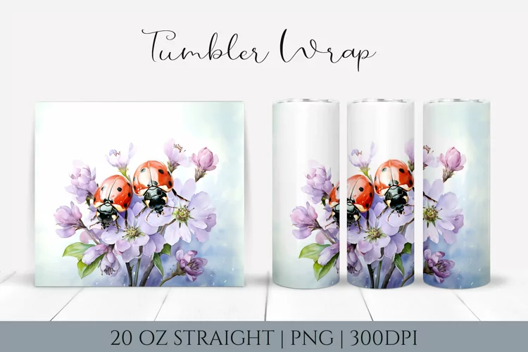 Watercolor ladybug floral tumbler wrap - 20oz Straight