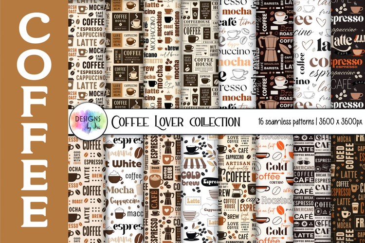 Coffee Lover Seamless Pattern Bundle, Coffeehouse Typography
