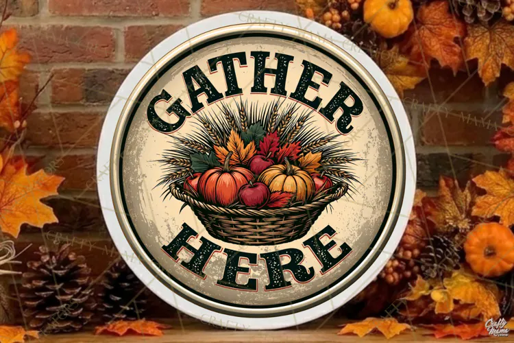 Gather Here Fall Round Sign Png | Autumn Quote | Door Sign