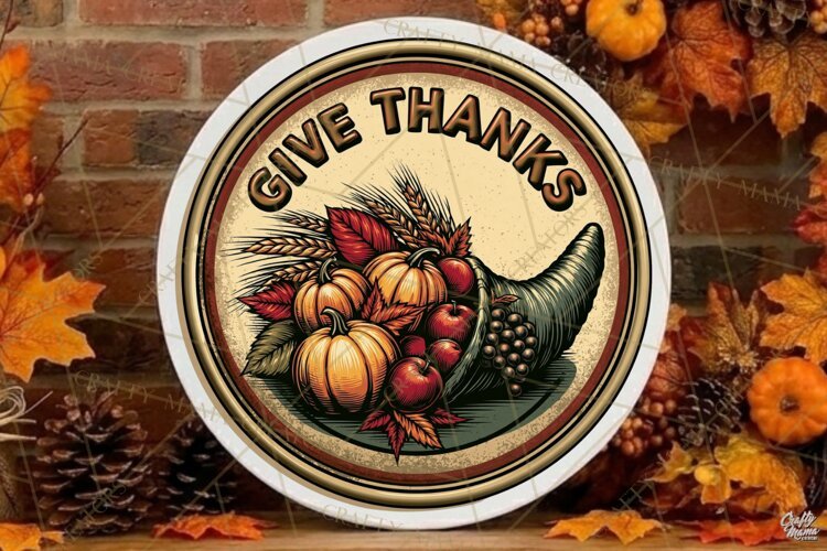 Give Thanks Fall Round Sign Png | Autumn Quote | Door Sign example image 1