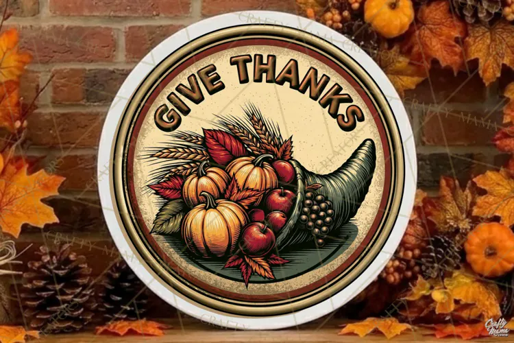 Give Thanks Fall Round Sign Png | Autumn Quote | Door Sign
