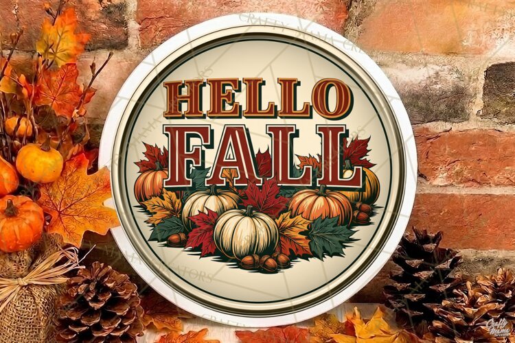 Hello Fall Round Sign Png | Autumn Quote | Door Sign example image 1