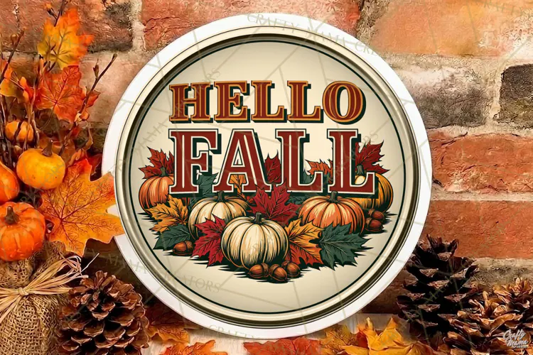 Hello Fall Round Sign Png | Autumn Quote | Door Sign