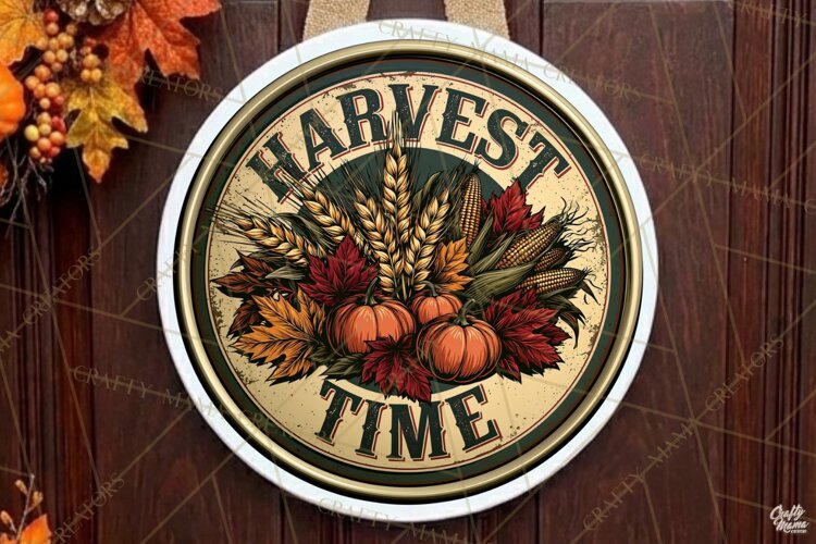 Harvest Time Fall Round Sign Png | Autumn Quote | Door Sign example image 1