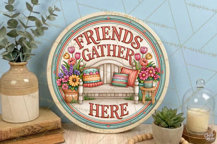 Friends Gather Here | Friendship Round Sign PNG