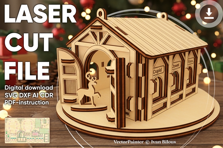 Santa's Reindeer Barn - laser cut file, Glowforge SVG example image 1