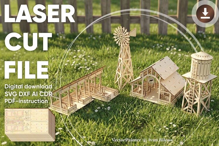 Farm Set - laser cut files | Barns, Windmill, Water tower