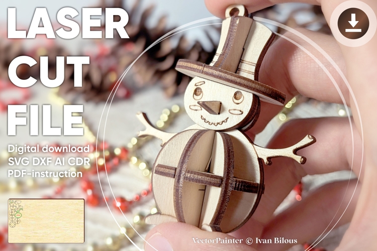 Snowman Christmas Ornament - Laser Cut File, SVG 3d