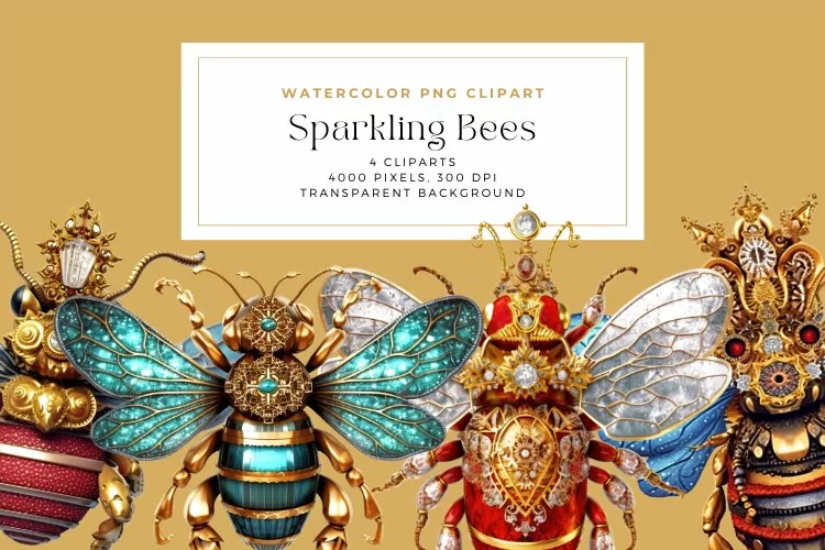 4 Watercolor Sparkling Bees Clipart