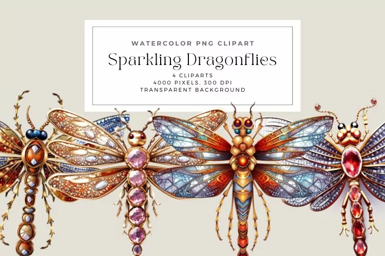 4 Watercolor Sparkling Dragonflies Clipart